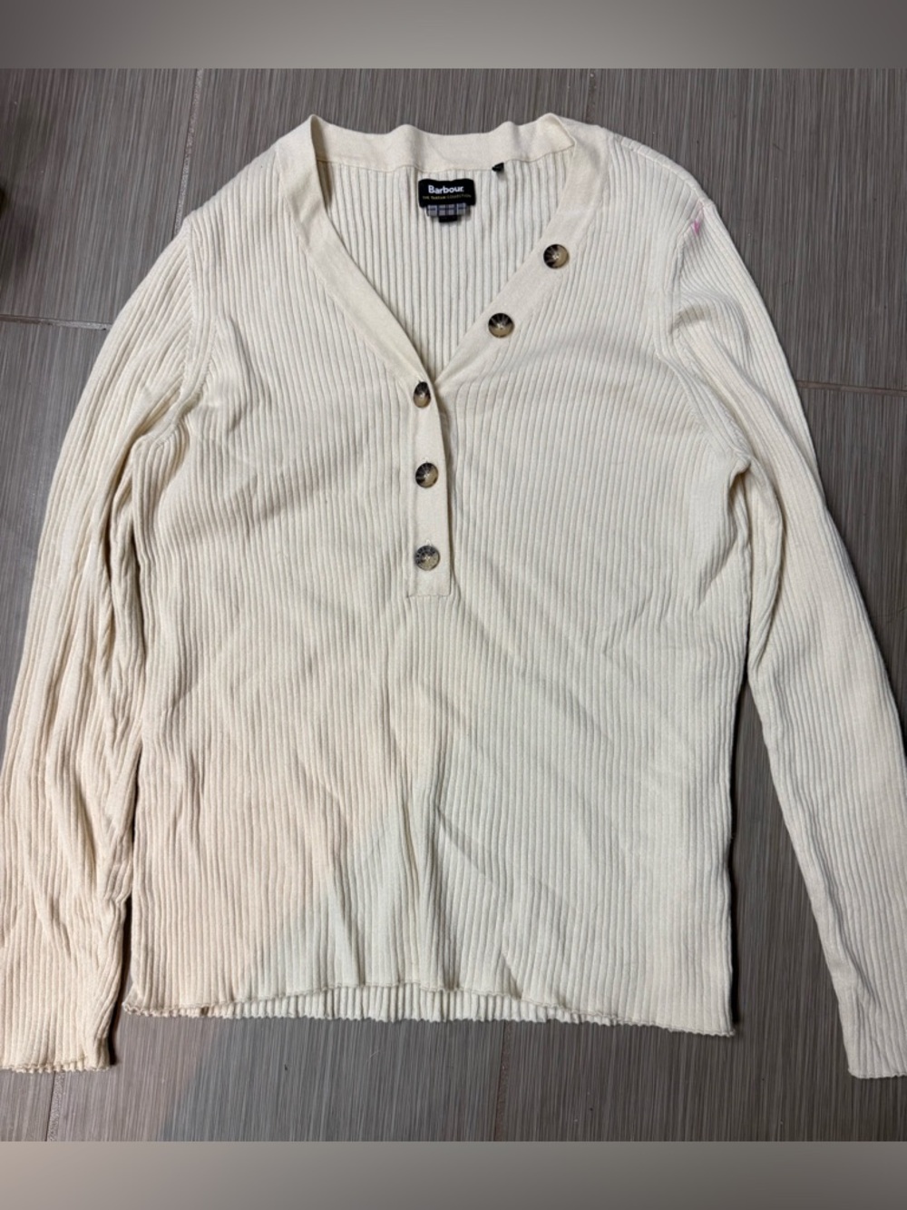 Barbour Cream Ribbed V-Neck/henley Long Sleeve Top with Asymmetric Buttons